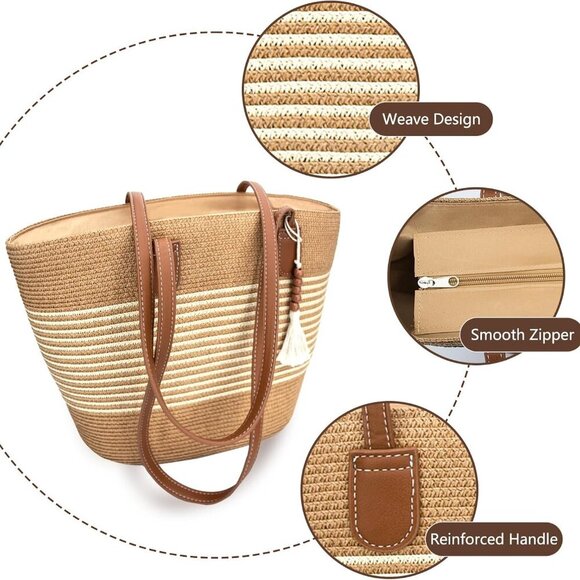Straw Beach Tote Bag Women Large Woven Purse with Zipper Summer Travel - Picture 4 of 7